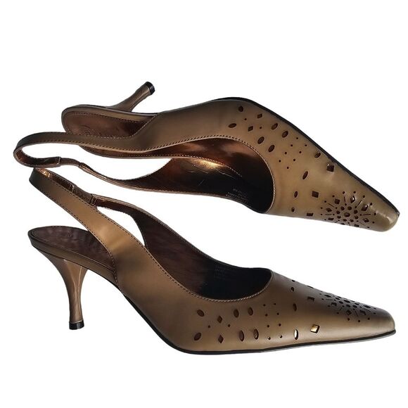 Etienne Agner NWOB Tan Bronze Laser Cut Sling Back Pumps Stilettos Women's 8 - Picture 3 of 8